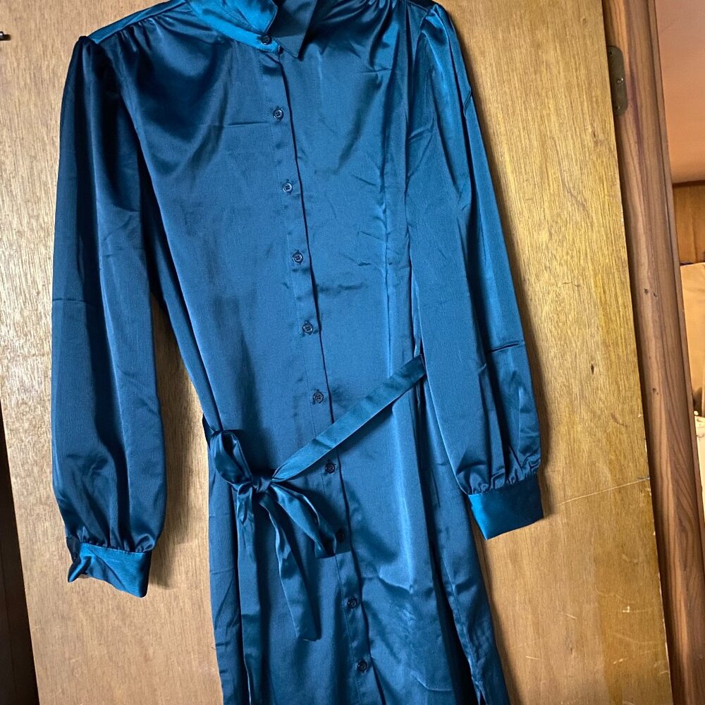 Studio 1886 Women's Blue Satin Button-Up Dress